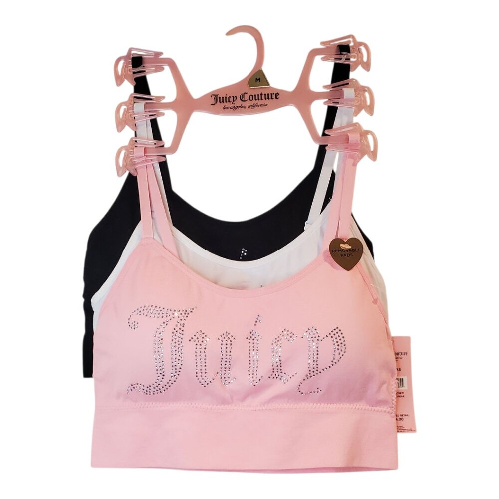 NEW Juicy Couture SZ M 3-Pack Seamless Rhinestone Bras Pink White Black